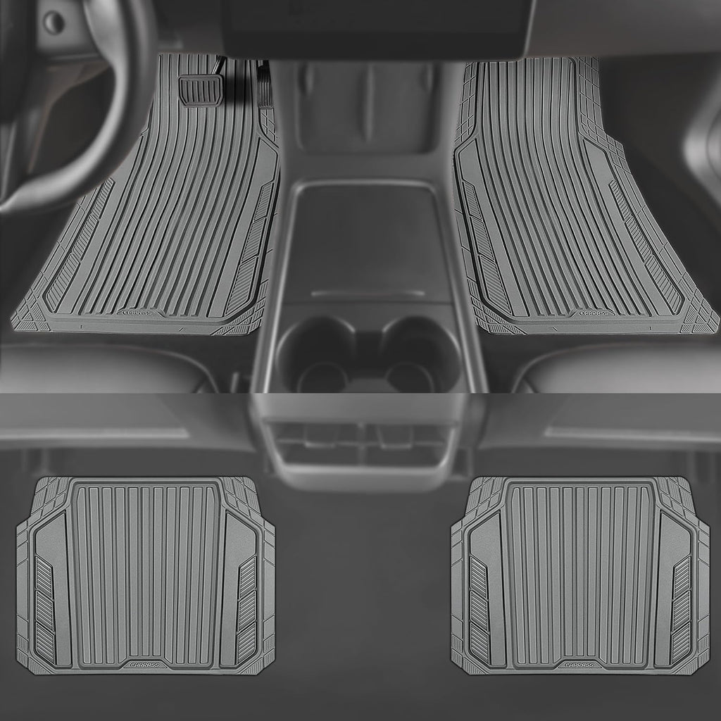CAR PASS Heavy Duty Sporty Rubber Car Mats, Deep Dish All Weather Car Floor Mats Full Set, Waterproof Anti-Slip Automotive Matts Rugs Trim to Fit for Most Sedans SUVs Vans, 4-Piece All Gray