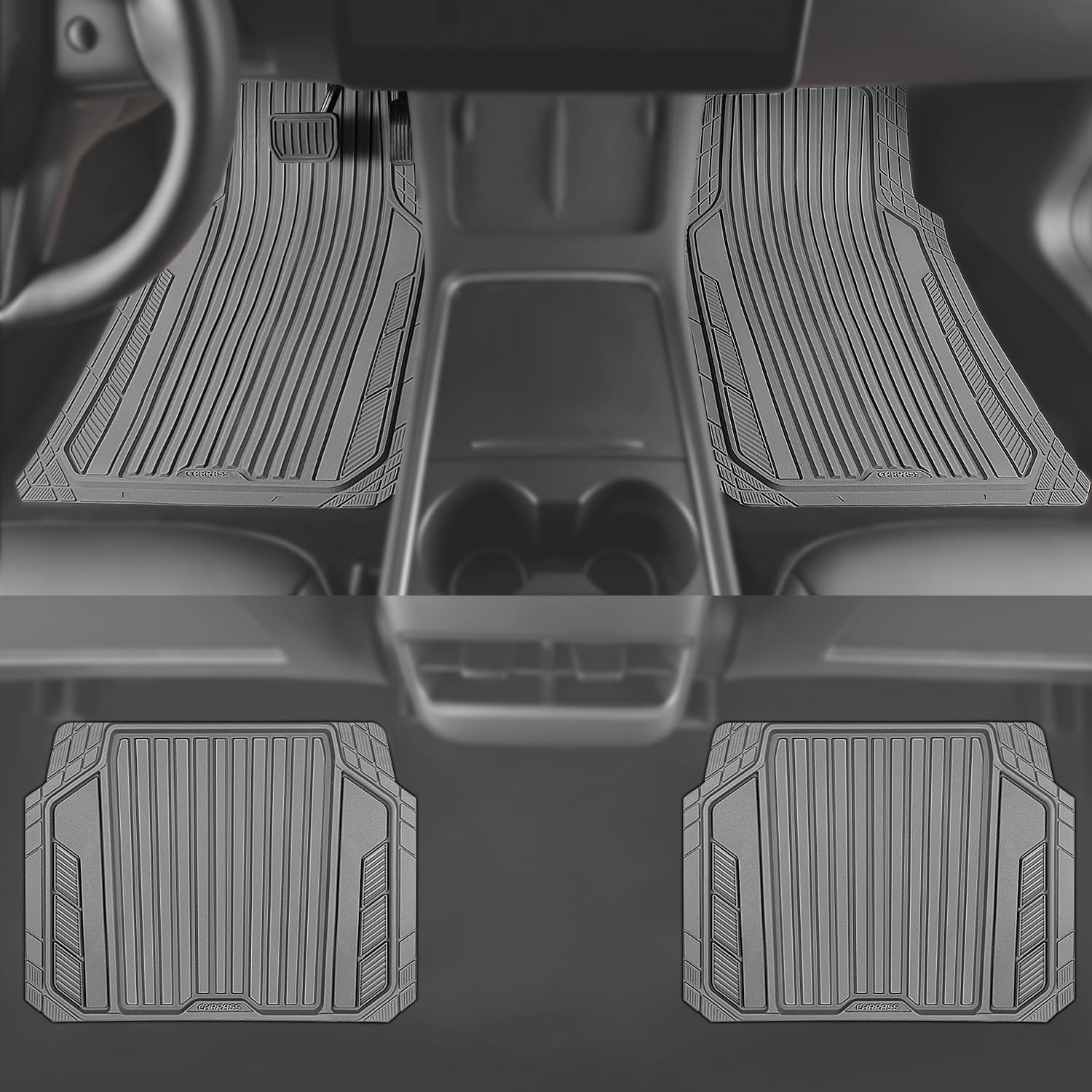 CAR PASS Heavy Duty Sporty Rubber Car Mats, Deep Dish All Weather Car Floor Mats Full Set, Waterproof Anti-Slip Automotive Matts Rugs Trim to Fit for Most Sedans SUVs Vans, 4-Piece All Gray