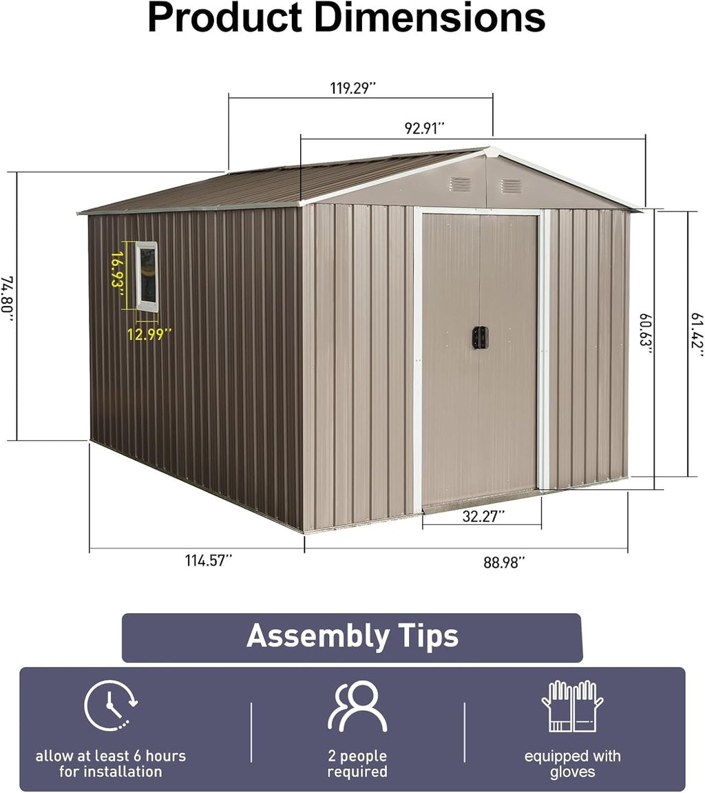 10×8FT Outdoor Metal Storage Shed Large Garden Sheds with Floor Base & Window,Sliding Doors and Padlock for Garden,Backyard,Lawn,Easy to Assemble,Grey