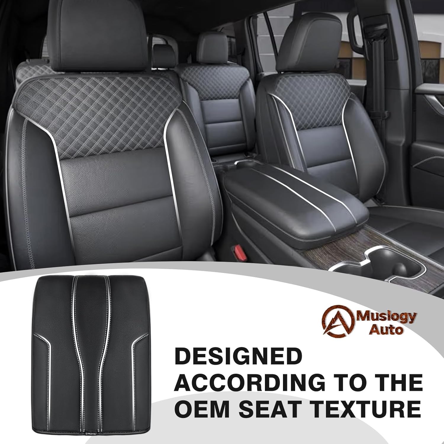 Muslogy Armrest Cover Center Console Cover Compatible with 2024 2025 GMC Acadia & Chevrolet Chevy Traverse Accessories Vegan Leather Arm Rest Middle Console Protector (Black/White Stitching)