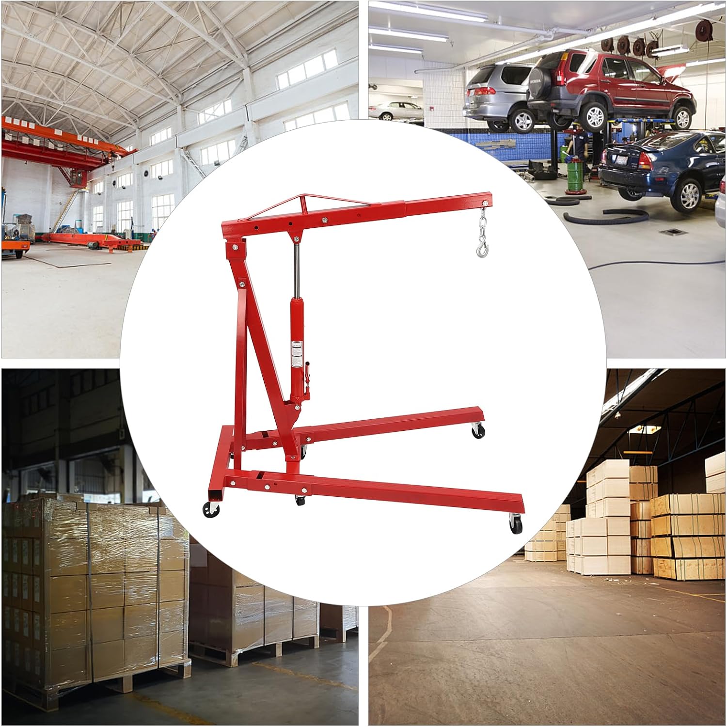 2 Ton(4409lbs) Folding Engine Hoist Heavy Duty Carbon Steel Hydraulic Shop Engine Crane Cherry Picker Shop Crane Hoist Lift with 6 Iron Caster Wheels for Car Fixing Workshop Garage (Red)