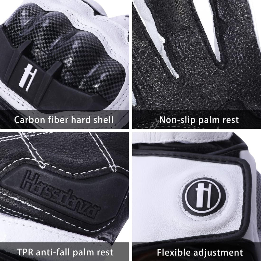 Harssidanzar Leather Motorcycle Gloves for Men and Women,Powersports Carbon Fiber Knuckle Protection Motorbike Gloves KM045