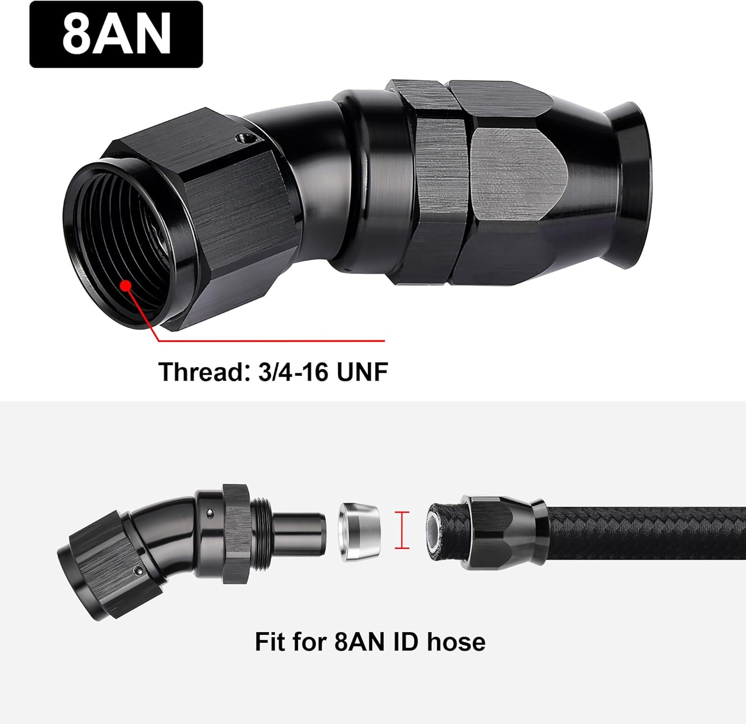 EVIL ENERGY 8AN 30 Degree PTFE One Piece Full Flow End Hose Fitting Aluminum Black