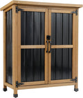 Outdoor Storage Cabinet Wood & Metal Small Storage Shed Waterproof Roof, Double Lockable Doors Garden Shed with Removable Shelves for Patio, Garden, Backyard, Lawn, 32" x 13" x 40" (Brown)