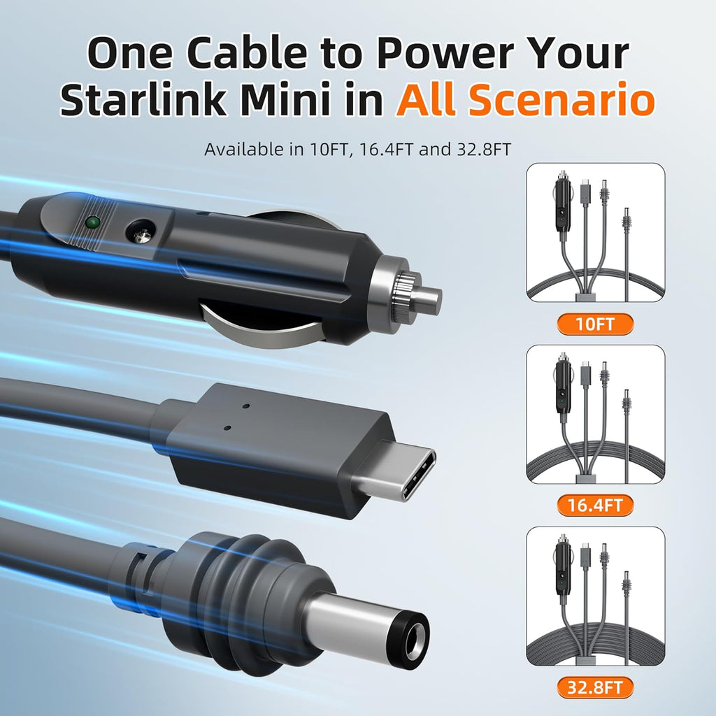 Starlink Mini Power Cable 10FT, 3-in-1 USB-C to DC Car Power Cord, Cigarette Lighter Adapter Cable 100W 12-24V Waterproof Barrel Jack for Starlink Mini