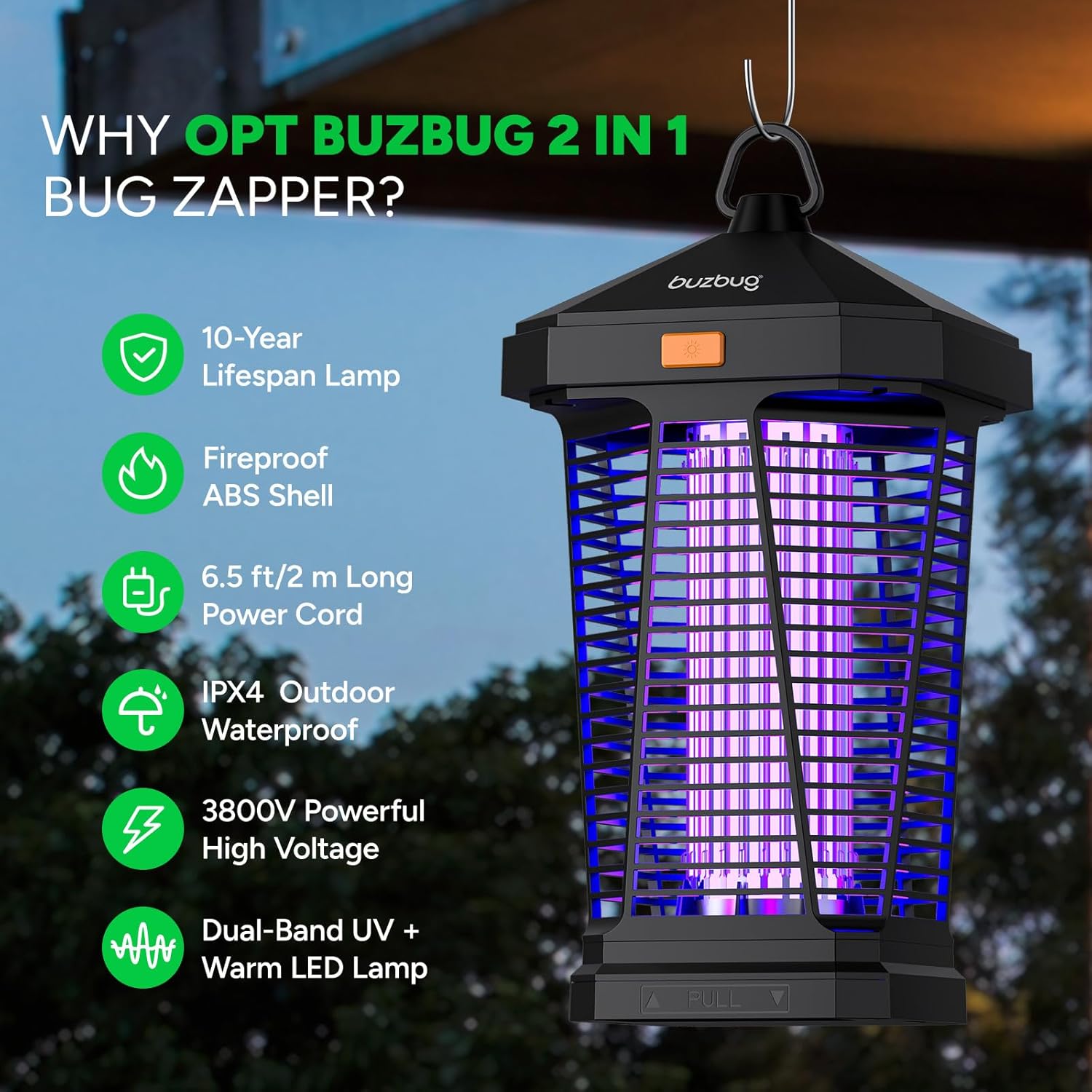 Buzbug LED Bug Zapper Outdoor and Lighting, 10 Years Lifespan, IPX4 Waterproof, 3800V High-Voltage, Fireproof Shell, 6.5ft Power Cord, Fruit Fly Mosquito Moth Gnat Wasp Zapper, Trap, Killer -MA20