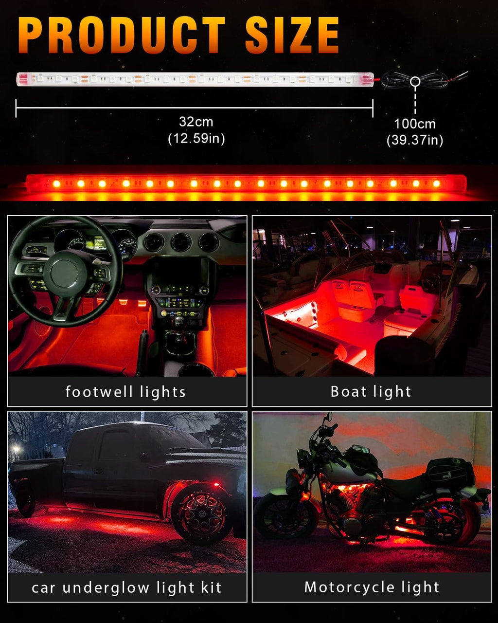 Qasim Car LED Strip Light 12V Red 12.5''/32CM for Golf Cart Underglow Boats Vehicle Automotive Truck Van Motorcycle Footwell Lighting IP67 Waterproof, Pack of 6