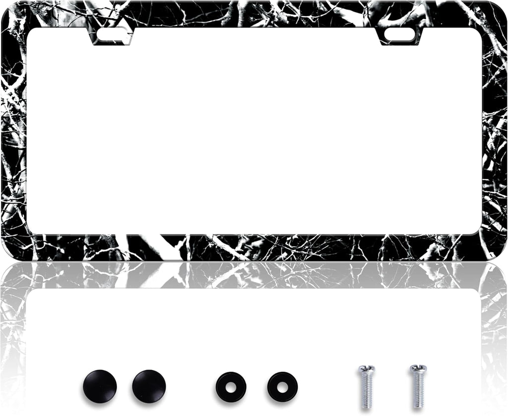 Black White Camouflage License Plate Frame Branches Trunks Camo License Plate Frames Personalise Stainless Steel Funny Design Compatible with Standard Holder for USA Canada 6 X 12 Inch with Screws