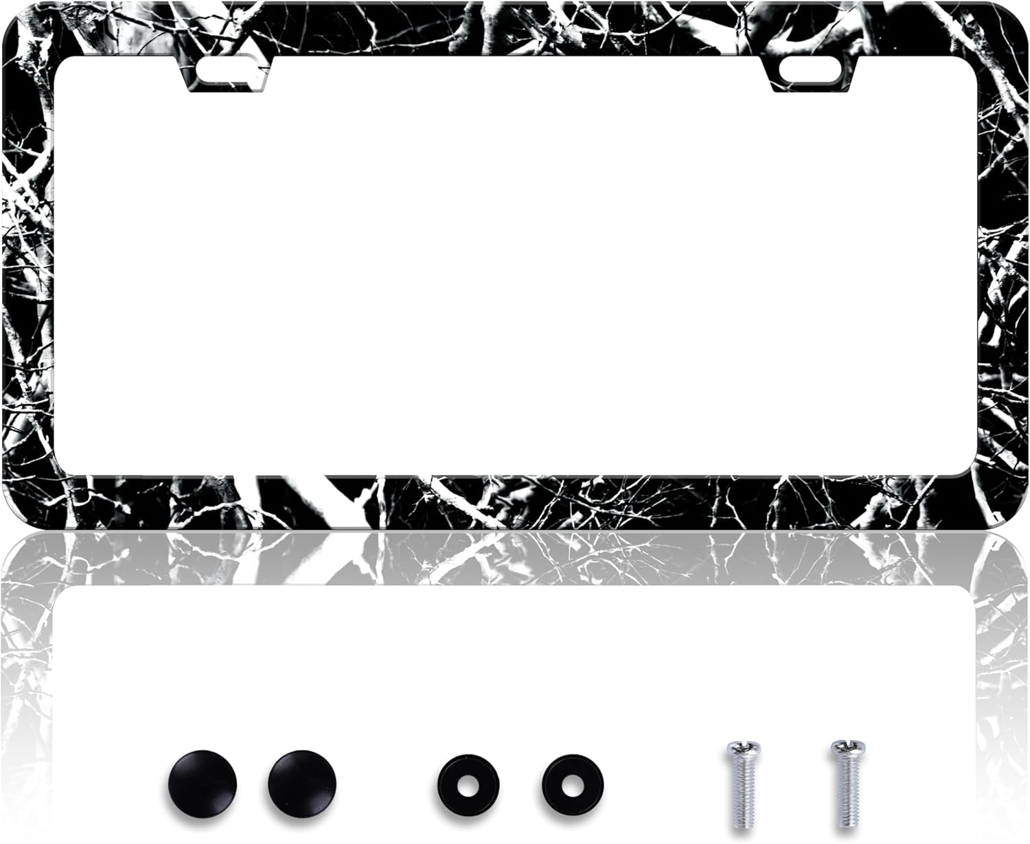 Black White Camouflage License Plate Frame Branches Trunks Camo License Plate Frames Personalise Stainless Steel Funny Design Compatible with Standard Holder for USA Canada 6 X 12 Inch with Screws