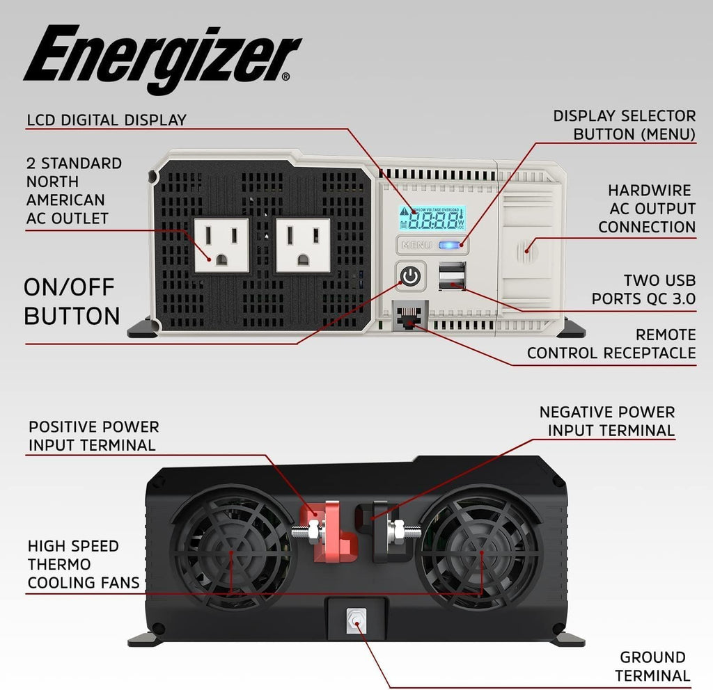 Energizer 1100 Watt 12V to 110v Pure Sine Wave Inverter Dual AC Outlets & USB, Installation Kit Included, Automotive Power for Tools, Camping Essentials & Car Accessories - ETL Approved UL STD 458