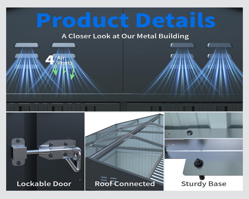 10x20 Metal Shed, Metal Garage Building with 2 Lockable Doors, Prefab Garage Shed with 4 Air Vents, Large Sheds & Outdoor Storage Clearance, Car Sheds for Truck, Tool, Lawnmower, Black
