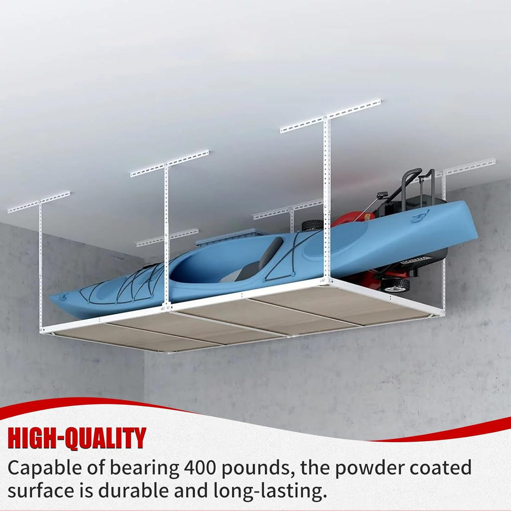 Heavy Duty Overhead Garage Storage Rack, Adjustable Organization System, Metal Garage Ceiling Storage Racks, White