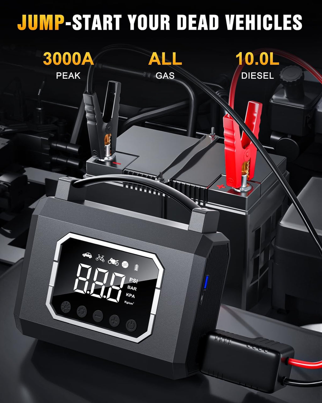 Jump Starter 3000A, Car Battery Jumper Starter Portable (All Gas 10L Diesel Engine) with 65W Quick Charger, 12V Portable Jump Box with 4 Modes Flashlight and Jumper Cable (Black)