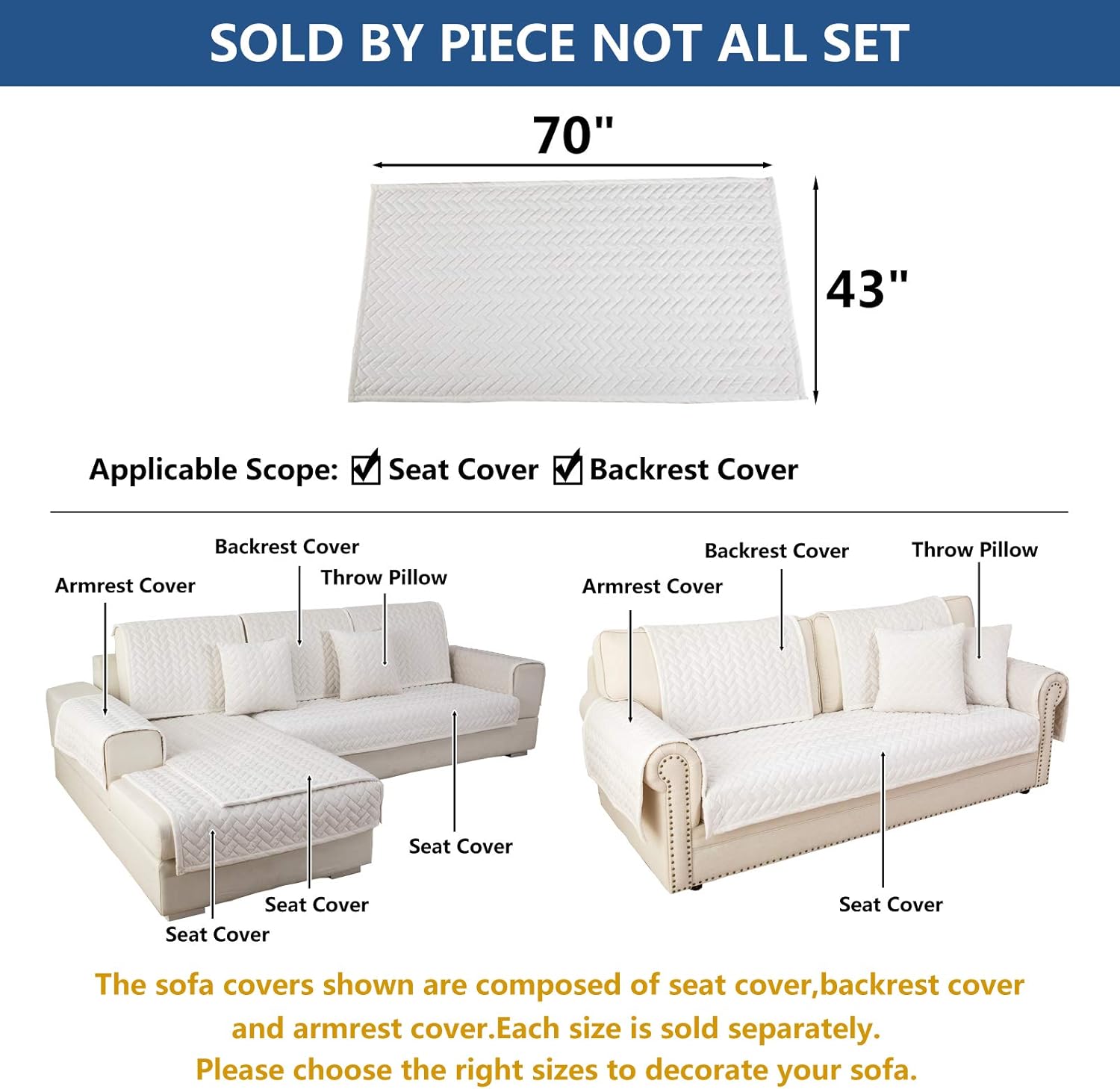 Eismodra Couch Cover,Sectional Couch Covers,Sofa Covers for 3 Cushion Couch,Anti-Slip Sofa Slipcovers for Dogs Cats Kids Loveseat Recliner L Shaped Armrest Backrest,White 43''x70''(Only 1 Piece)