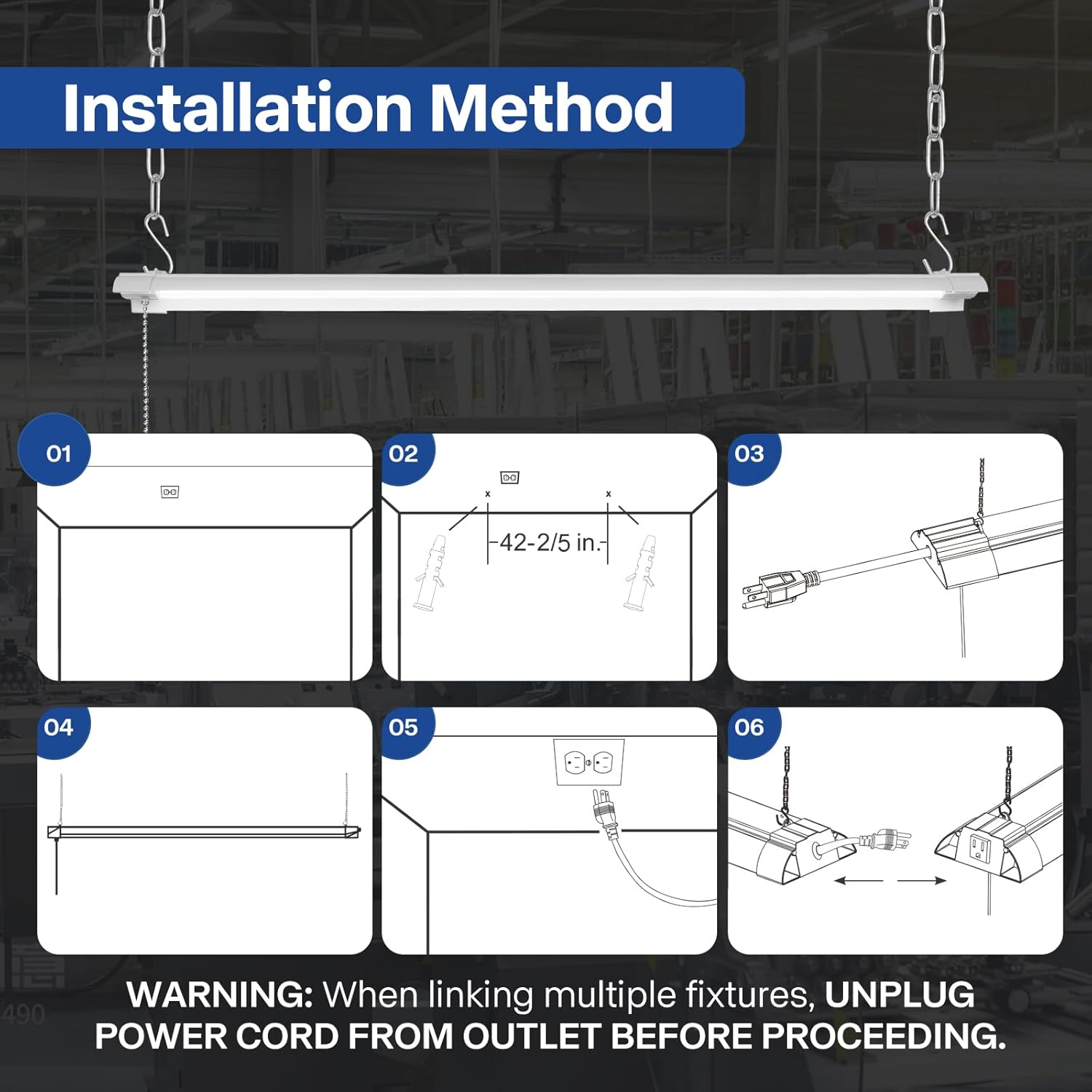 4-Pack 4ft Linkable Led Shop Light, Plug in Garage Lighting with Power Cord and Pull Chain, 7000lm Garage Ceiling Lights, Workshop Led Hanging Lights for Basements, Warehouses, ETL Listed