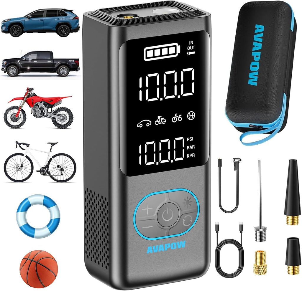 AVAPOW Tire Inflator Portable Air Compressor, 150 PSI Cordless Car Tire Air Pump with Pressure Gauge, 3.7″ LCD Screen, Auto-Shuts Off Tire Pump for Car, Motorcycle, Bike, Balls