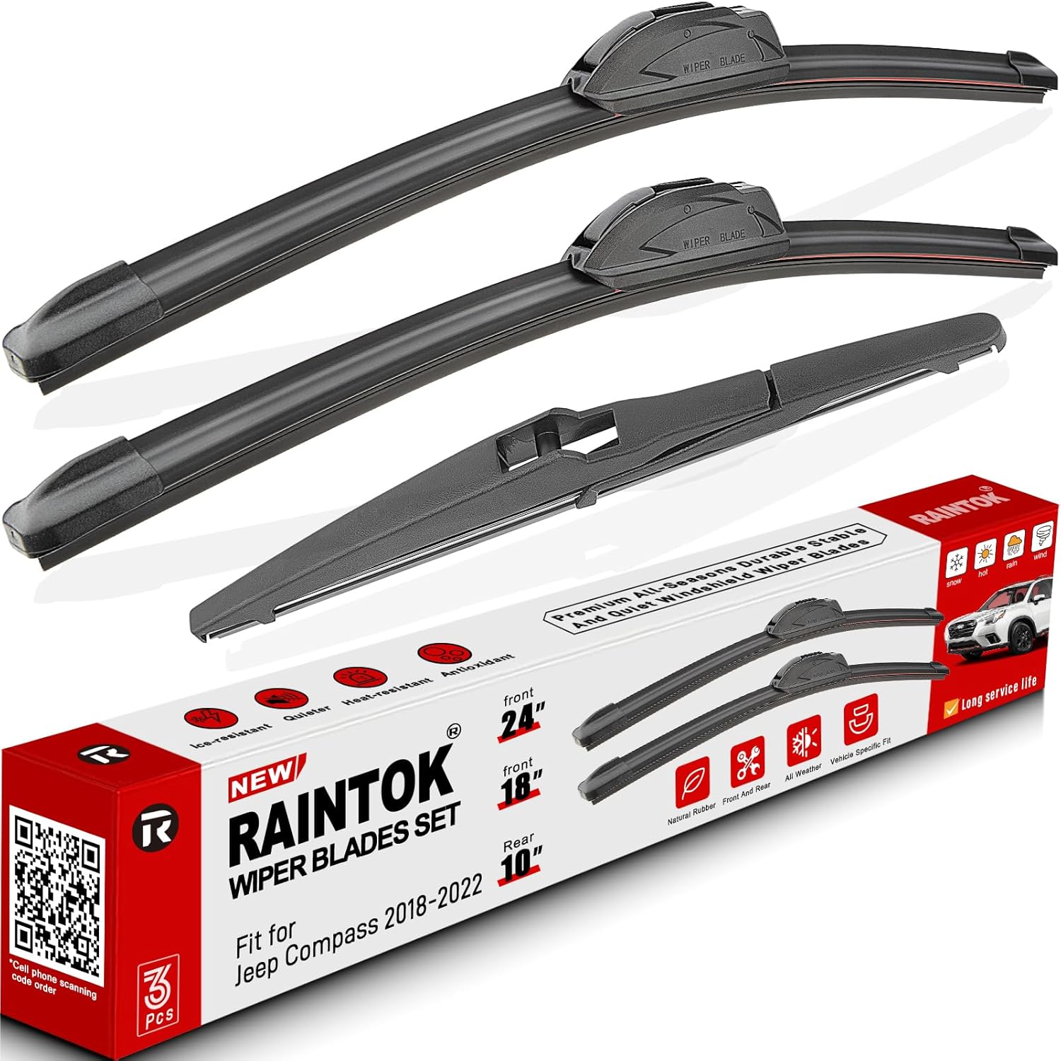 Windshield Wiper Blade Set Replacement for 2018-2022 Jeep Compass Original Equipment Replacement Front Wiper Blades-24"/18"/10" (Set of 3) U/J Hook