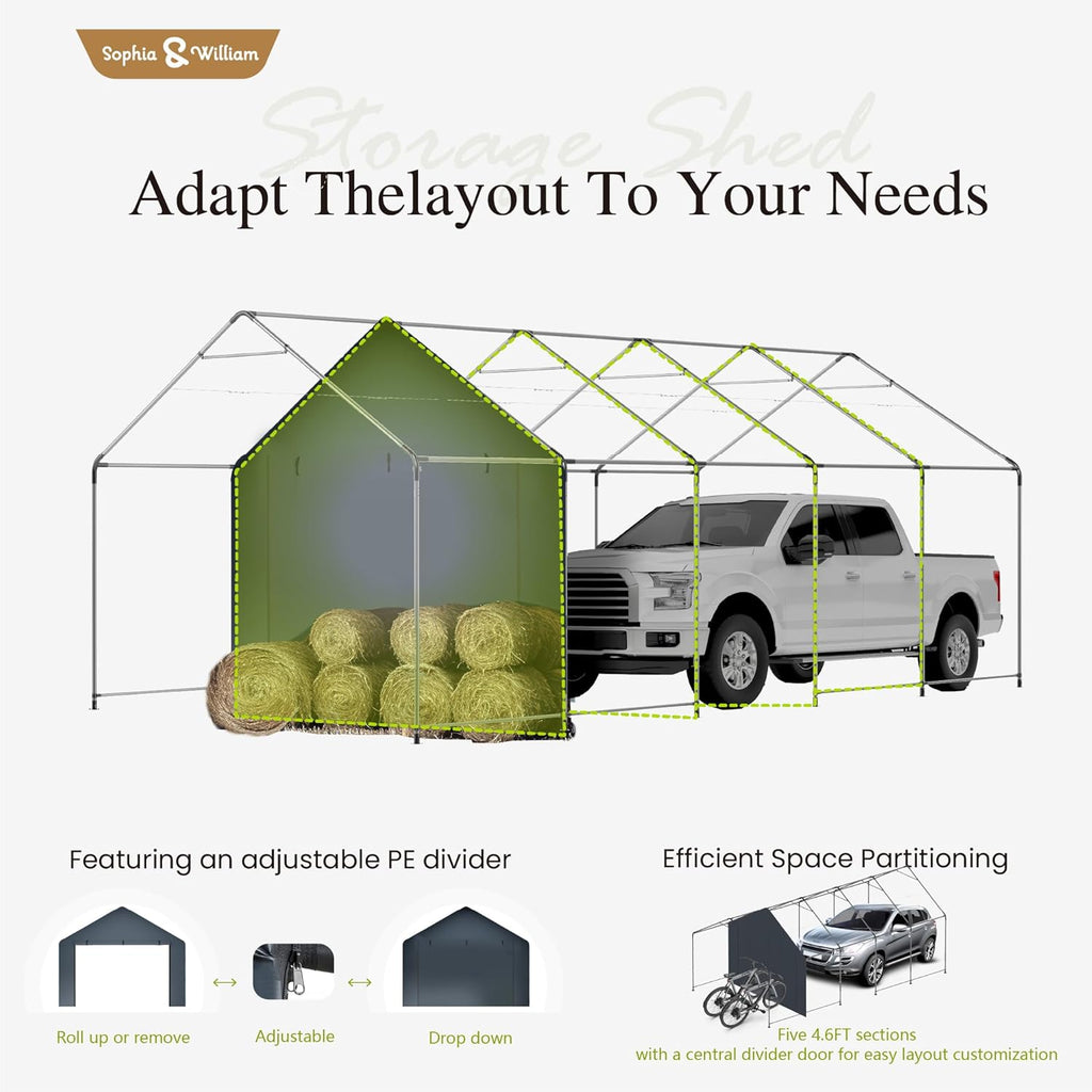 Sophia & William Carport Storage Shed 13x24 ft Portable, Heavy Duty Car Port Canopy Garage Shelter with Sidewalls and Roll Up Doors for Automobile Boat Motorcycle Bike, Gray