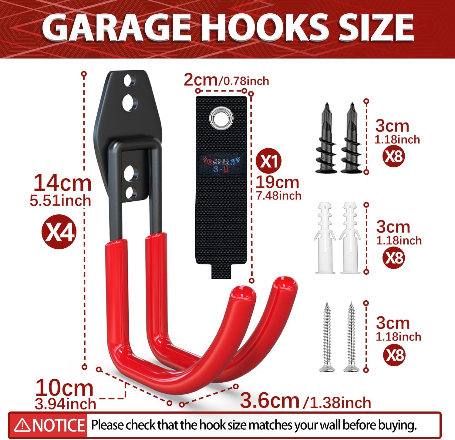 3-H Garden Hose Holder Wall Mount 4 Pack,Solid Steel Hose Hanger,Water Hose Holders for Outside,Perfect for Hanging Outdoor Air Hose,Ropes,Pipes,Garden Tools,Ladders,Bikes,Bulk Items(Red)