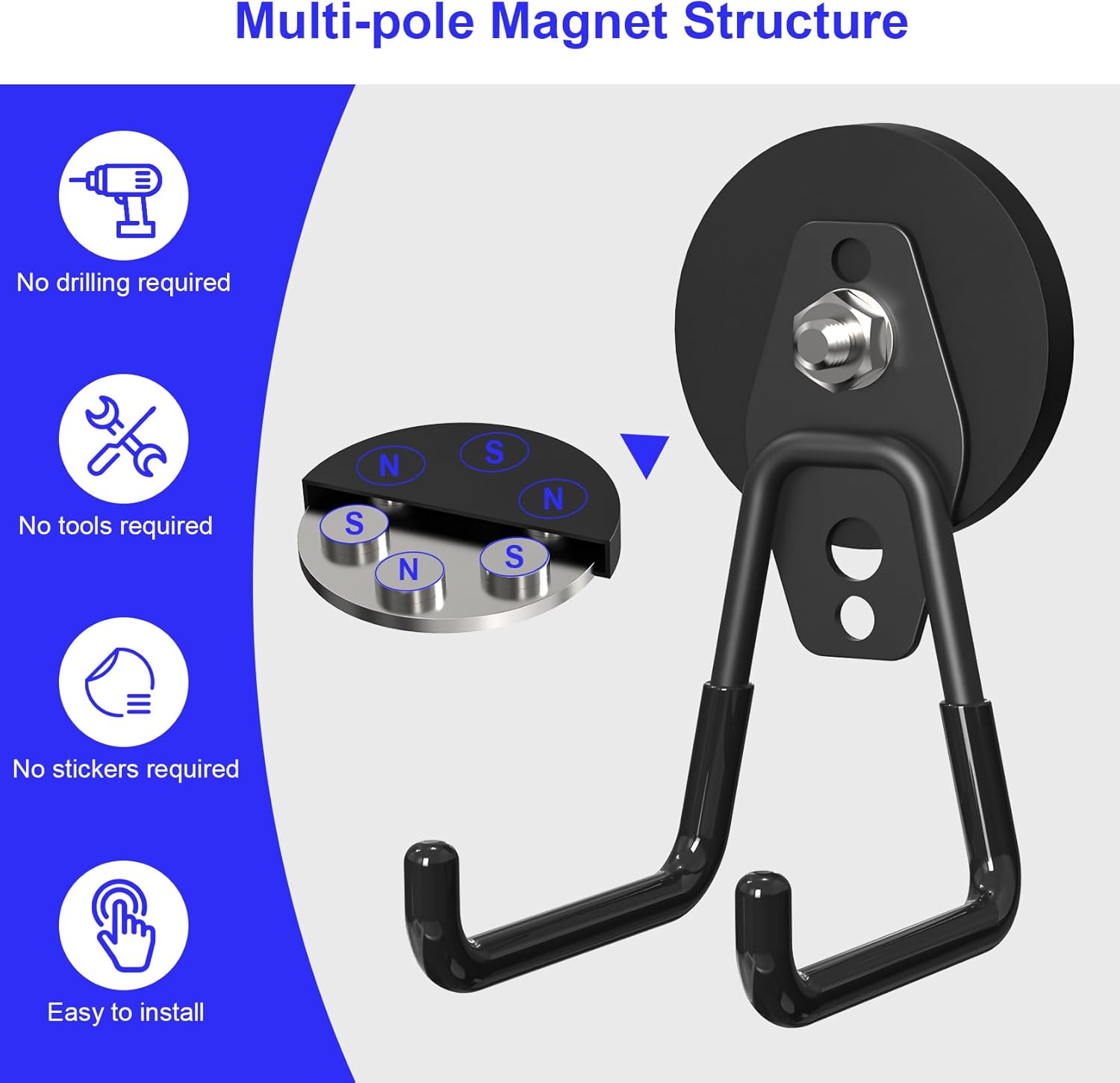 Heavy Duty Storage Magnetic Utility Hooks Large Garage Magnet Hooks with Anti-Slip Coating for Metal Cabinet,Pegboard,Garage Shelve,Garden Tools (3PCS 2.59'' Black)