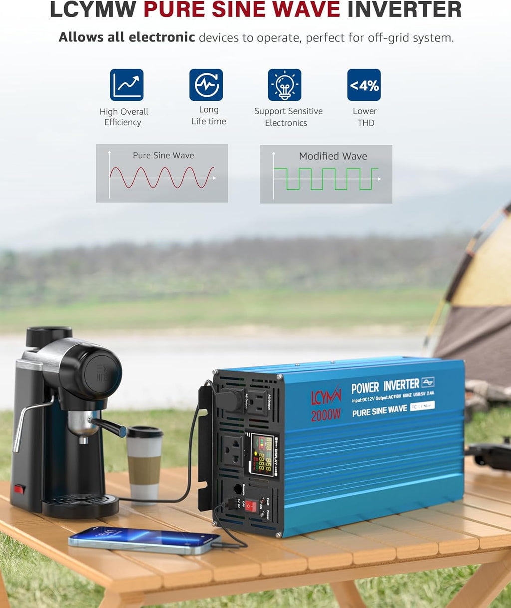 2000 Watt Inverter Pure Sine Wave DC 12V to 110V AC Power Inverters with 3 AC Charger Outlets, Car Inverter Solar Power Inverters for Vehicles Home with LCD Display and 2.4A USB Charging Ports