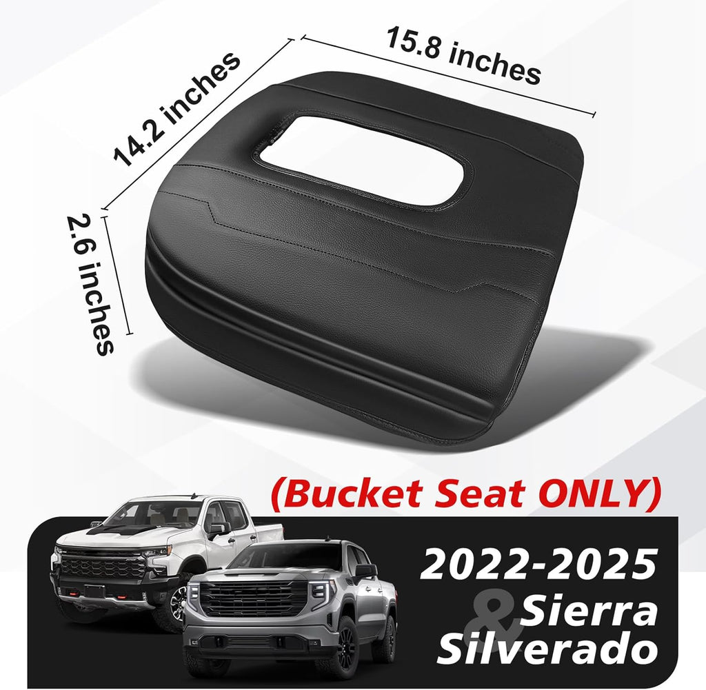 Muslogy Center Console Armrest Cover Compatible with Chevy Silverado & GMC Sierra 1500 2500 3500 2022-2025 Armrest Pad Arm Rest Cushion Vegan Leather Protector 1-Inch Extra Thick(Bucket Seat ONLY)