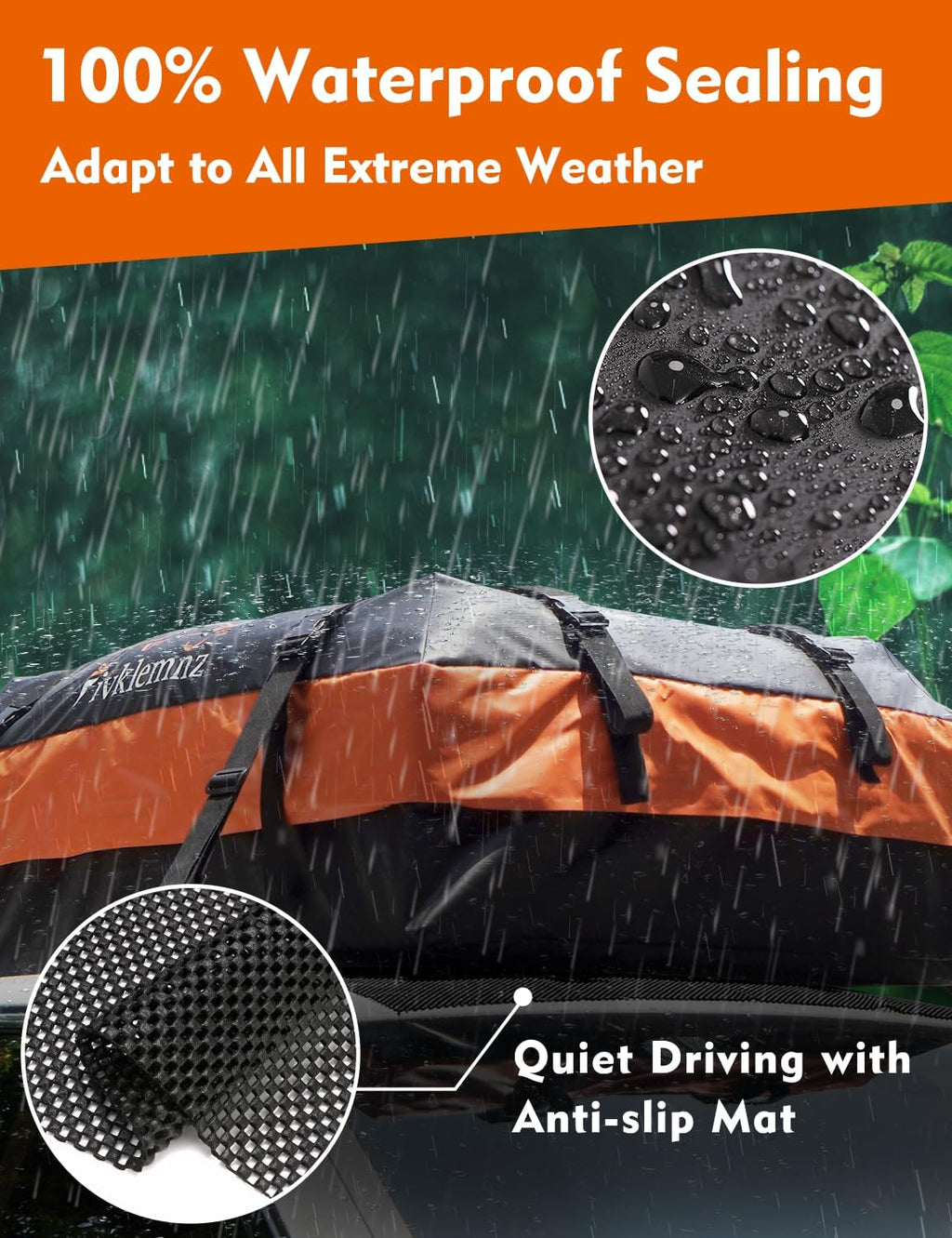 FIVKLEMNZ 30 Cubic Car Rooftop Cargo Carrier Roof Bag Waterproof for All Top of Vehicle with/Without Rack Includes Topper Anti-Slip Mat + Reinforced Straps + 6 Door Hooks + Luggage Lock