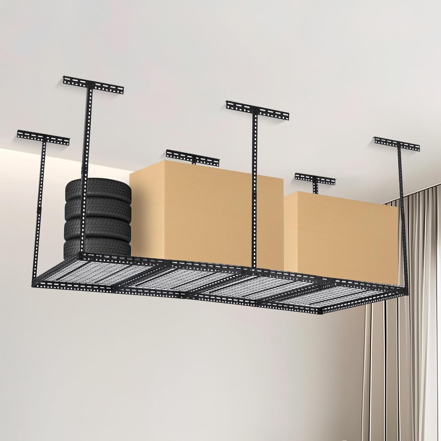 Overhead Garage Storage Rack, Heavy Duty Ceiling Storage Racks for Garage, Adjustable Height, 660LBS Weight Loading,4x8 FT Hanging Organizer Shelving for Warehouse Basement, Black