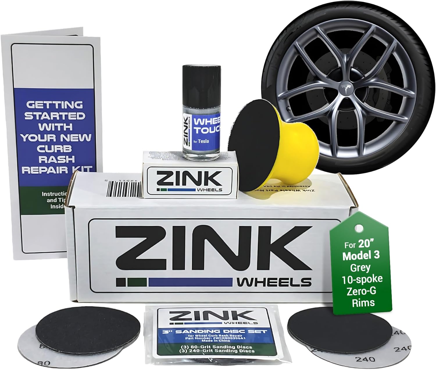 Premium Tesla Wheel Curb Rash Repair Kit for Model 3 20-inch Zero-G Rims - DIY Kit with Color-matched Touch Up Paint - Made in USA
