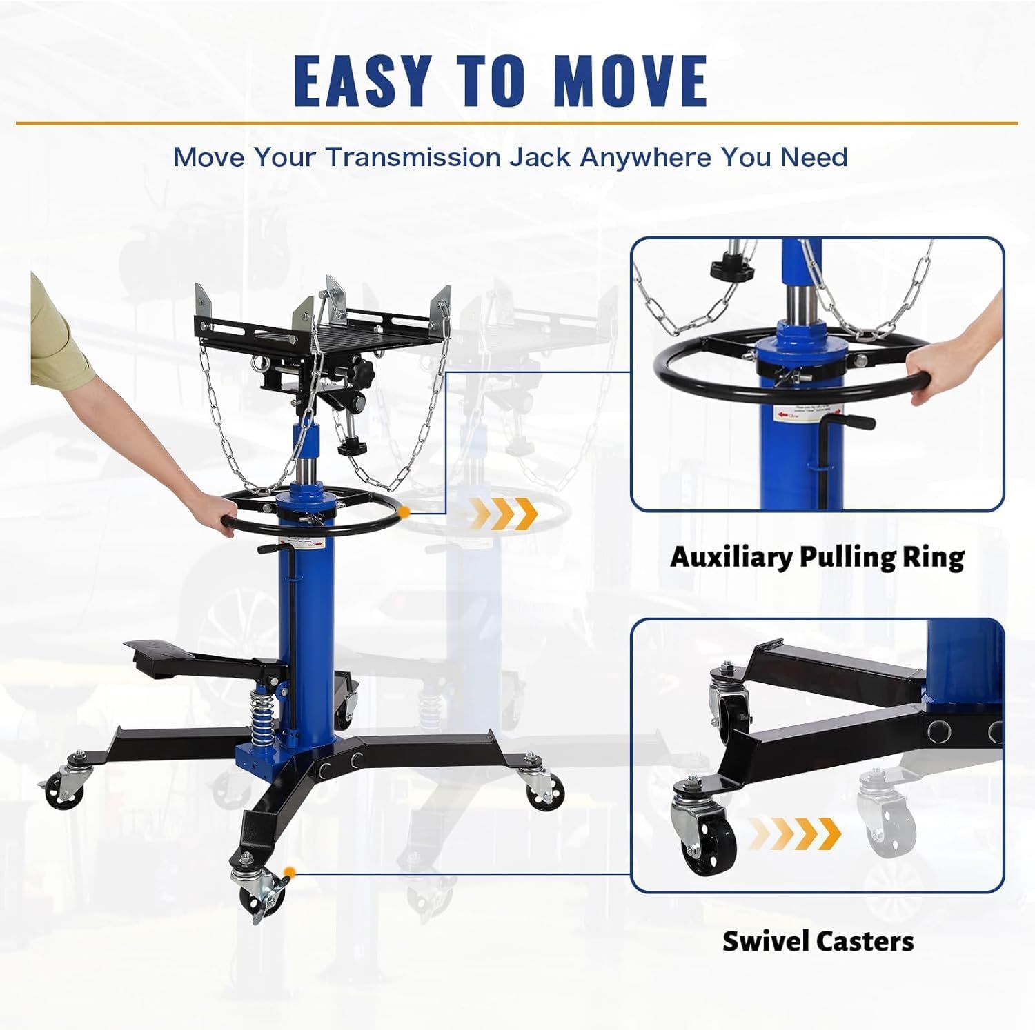 Transmission Jack 1100 LBS Hydraulic Telescoping 2-Stage Lift Jack Stand 33.8"-72.8" High Lift Transmission Jacks with Foot Pedal & 360° Swivel Wheels for for Garage/Workshop Car and Truck Repairs