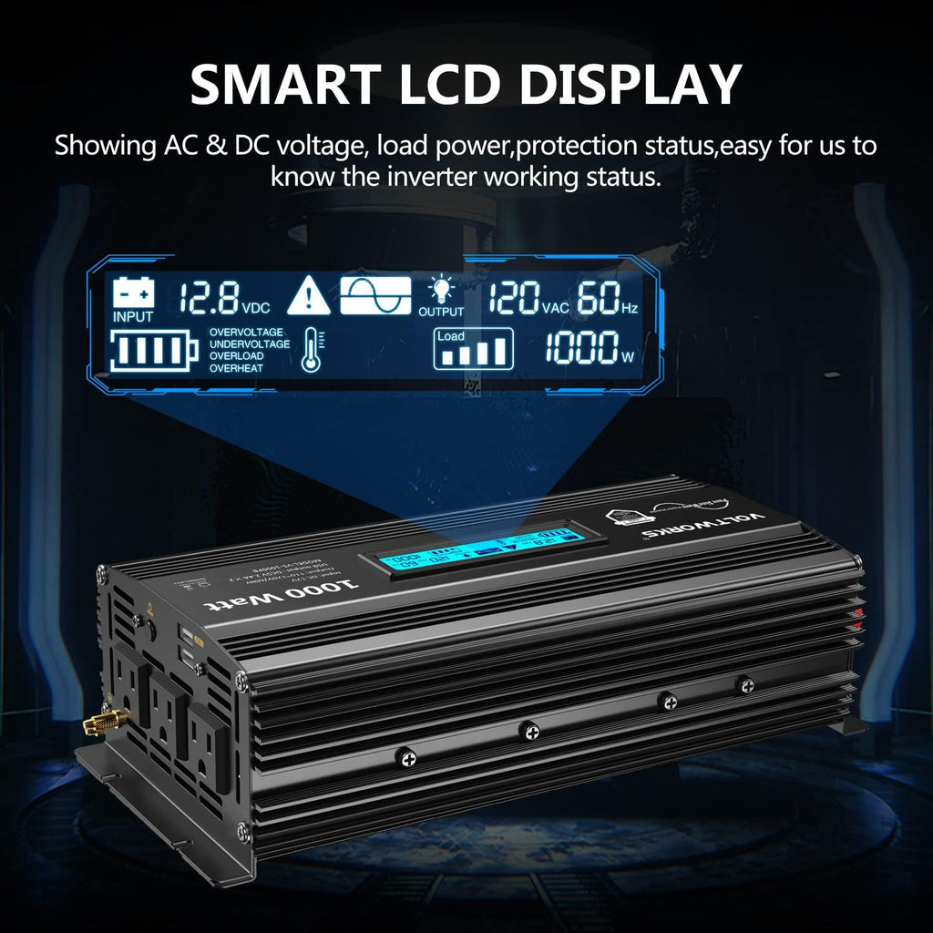 1000 Watt Pure Sine Wave Power Inverter ETL UL458 12V DC to 110V 120V AC 1000W for Home RV Truck Off-Grid Solar Compatible with Lithium Battery with LCD Display [3 Years Warranty] by VOLTWORKS