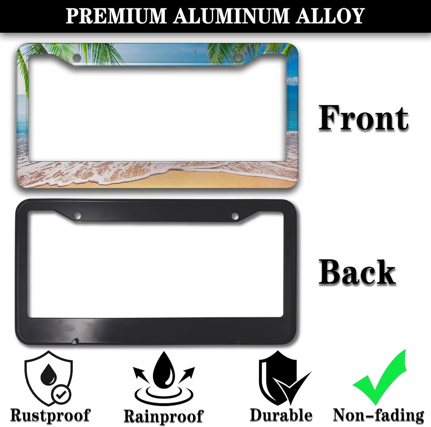 License Plate Frame Multicolor License Plate Holder Palm Trees with Tropical Ocean Beach Scene Aluminum Metal Car Accessory 2 Pack with Screw Covers Set