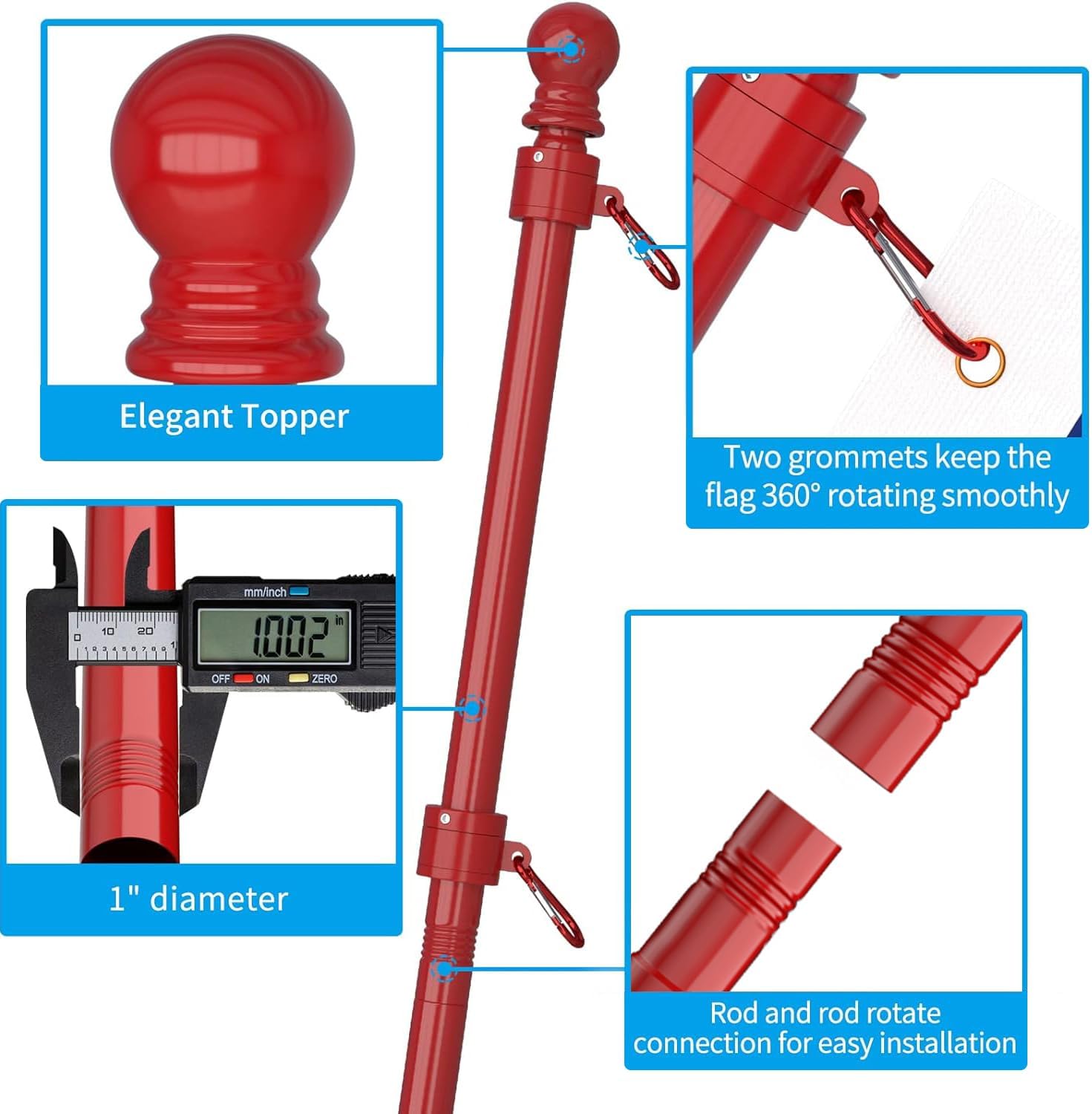 ZMTECH Flag Pole - Upgraded Bracket, 6 FT Stainless Steel Flag Poles for Outside House, Residential or Commerical, Tangle Free Flag Pole Kit for American Flag (Without Flag, Red)