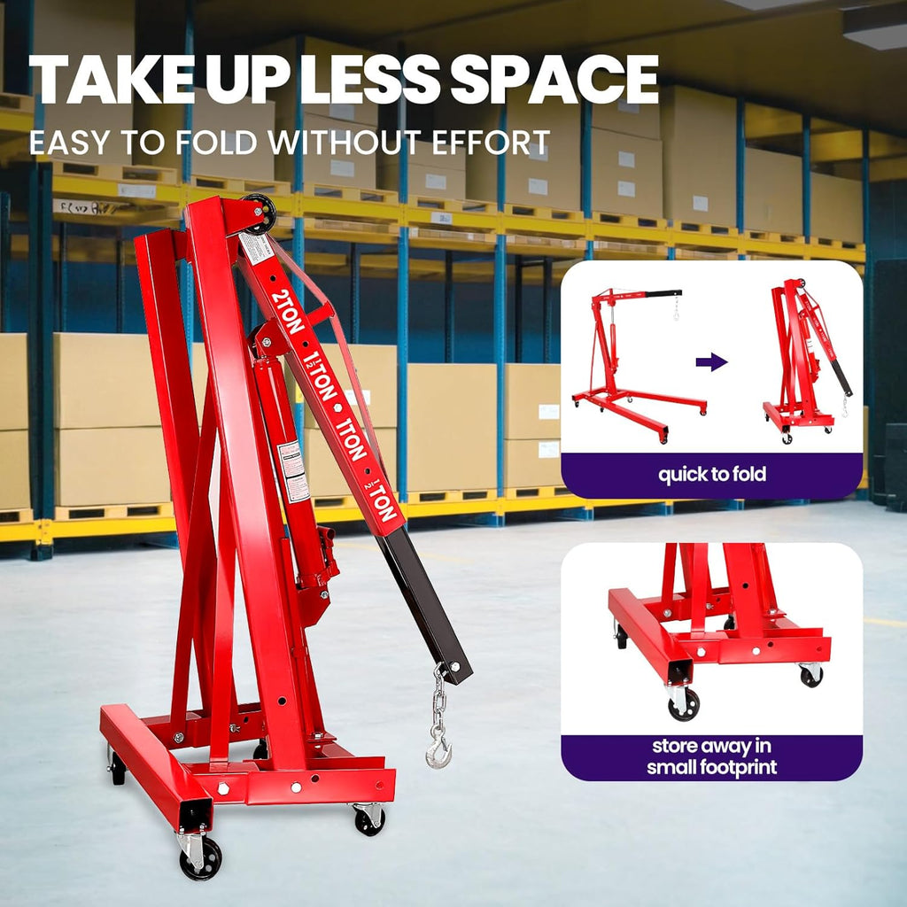RQR Engine Hoist 2 Ton, Hydraulic Cherry Picker Engine Lift Crane with Leveler, Foldable Shop Crane with Adjustable Boom & 6 Caster Wheels, Heavy Duty Motor Hoist for Garage Engine Jack Lifting