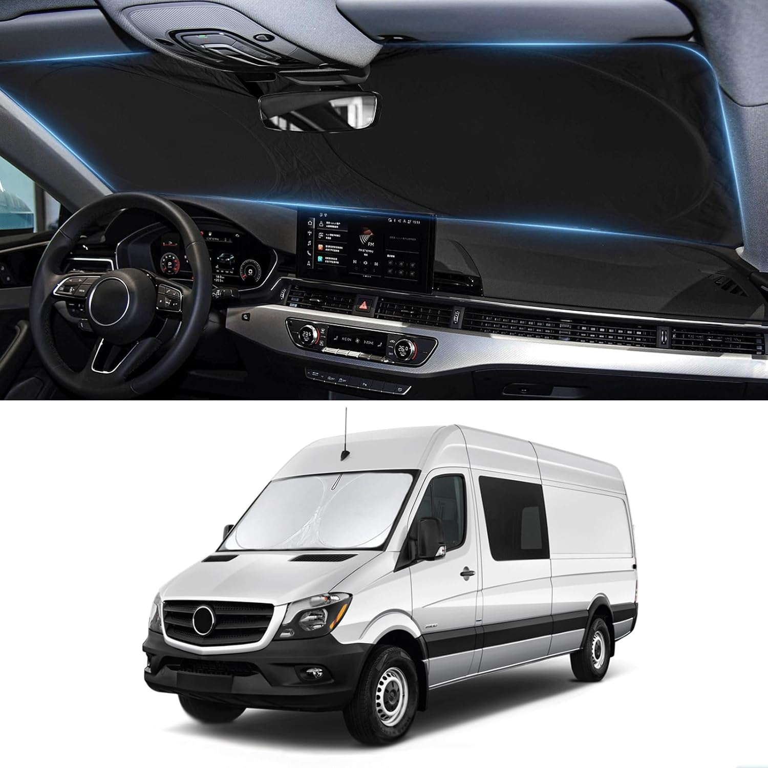 Custom Fit Benz Sprinter Windshield Sunshade for 2007-2025 2026 Mercedes Benz Sprinter Freightliner Cargo Crew Passenger Motorhome Accessories Window Shades Cover for Windshield Sun Visor Blocks UV