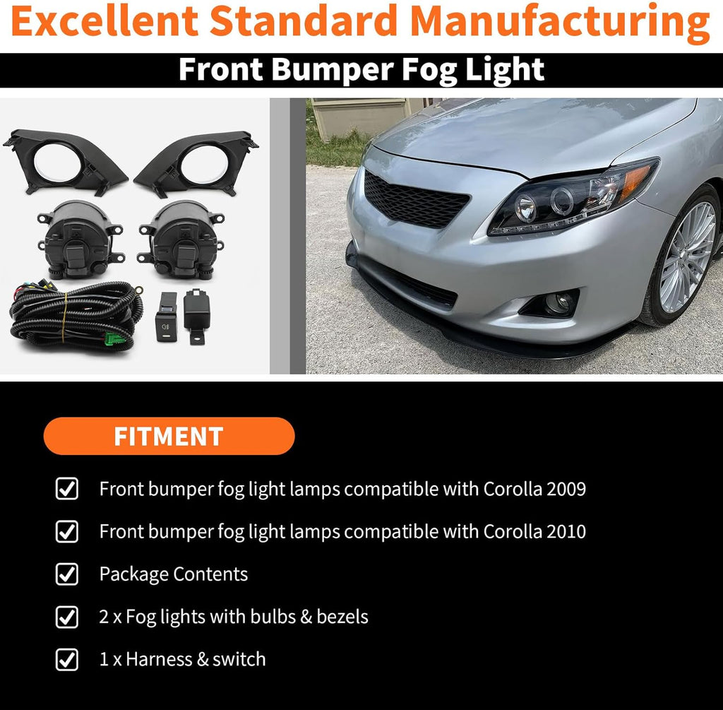Fog Light Assembly Compatible with Corolla 2009-2010 Fog Lamp w/H11 12V 55W Halogen Bulbs & Bezels & Harness & Switch