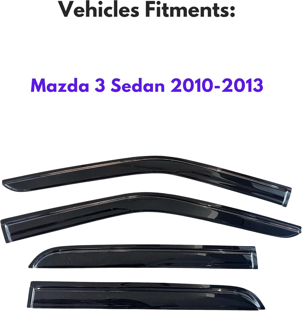 KPY Window Visor Compatible with Mazda 3 Sedan 2010-2013, 4PC Rain Guard Side Window Vent Deflectors Tape-On Mugen Style, 2010 2011 2012 2013