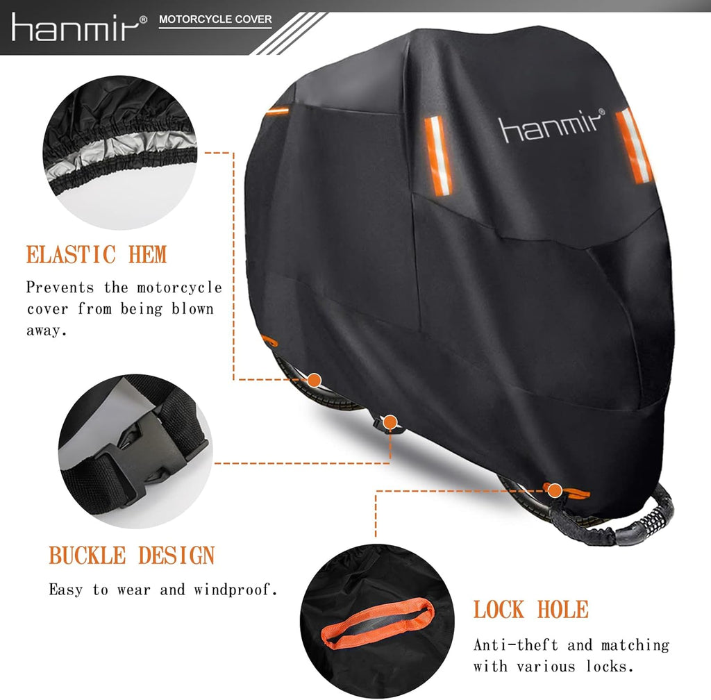 Motorcycle Cover,Motorbike Cover All Season Universal Weather Waterproof Outdoor UV Protection with 4 Reflective Strips & Storage Bag,XXXL Motorcycles Vehicle Cover