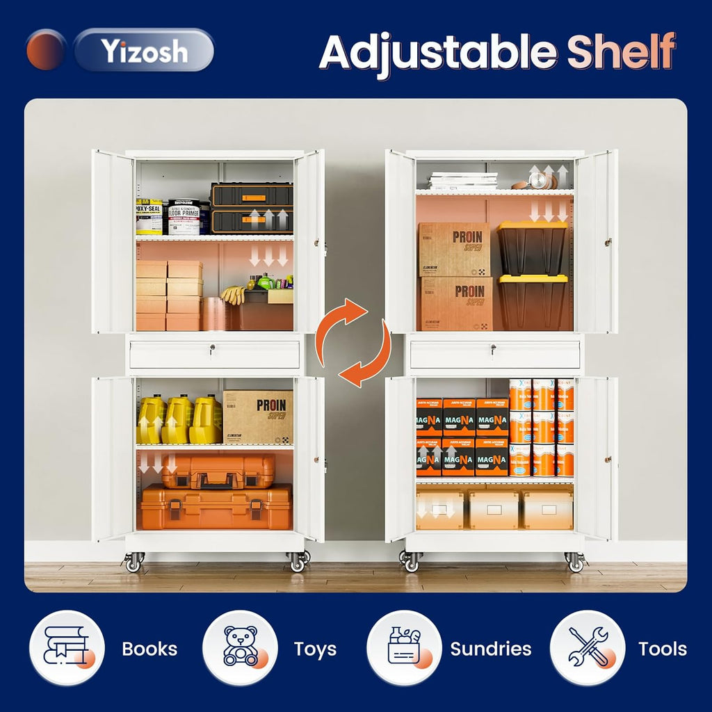 Yizosh Metal Garage Storage Cabinet with Locking Doors and Adjustable Shelves, 73" Rolling Tool Storage Cabinet with 4 Wheels and 1 Drawer for Garage,Warehouse