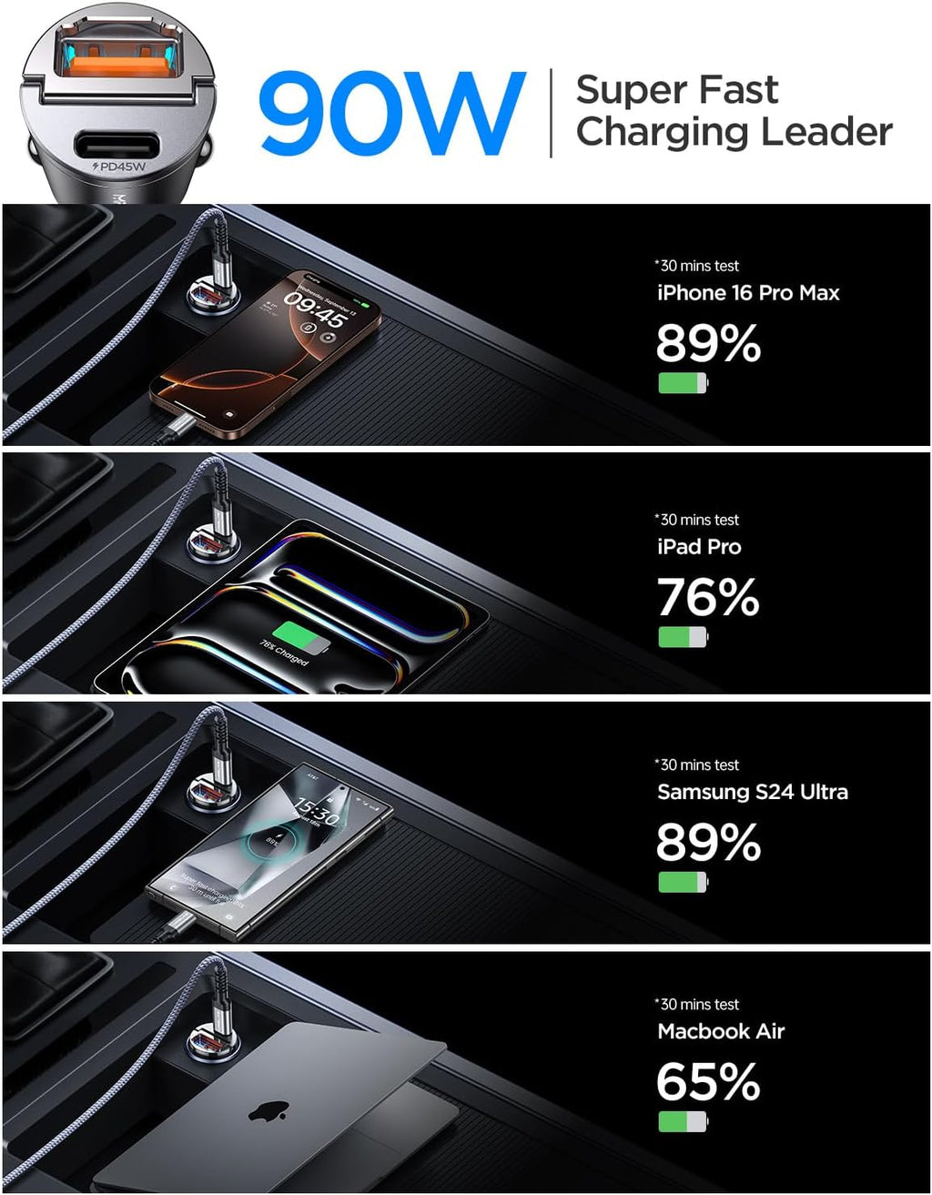 MRGLAS 2-Pack 90W USB C Car Charger,[Super Mini Metal] Car Charger Fast Charging Adapter PD+QC3.0 Dual Port Type C Car Cigarette Lighter USB Compatible iPhone 16 15 14 Pro Max iPad Samsung S25