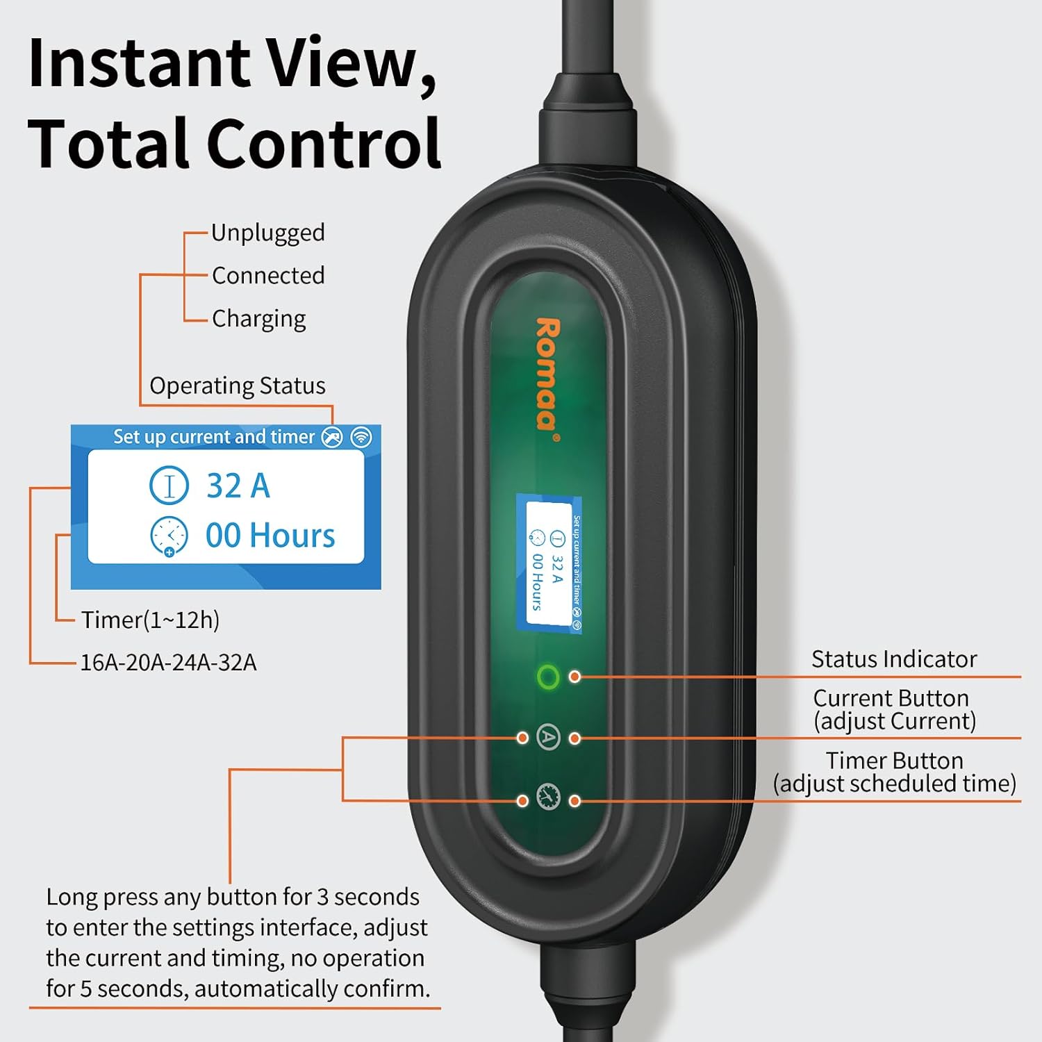 Level 2 EV Charger w/App Control: 32A 240V 7.68kW Fast Charging, NEMA 14-50 Plug & 25ft J1772 Charging Cable, Indoor/Outdoor Portable EVSE for Home, ETL/FCC Certified