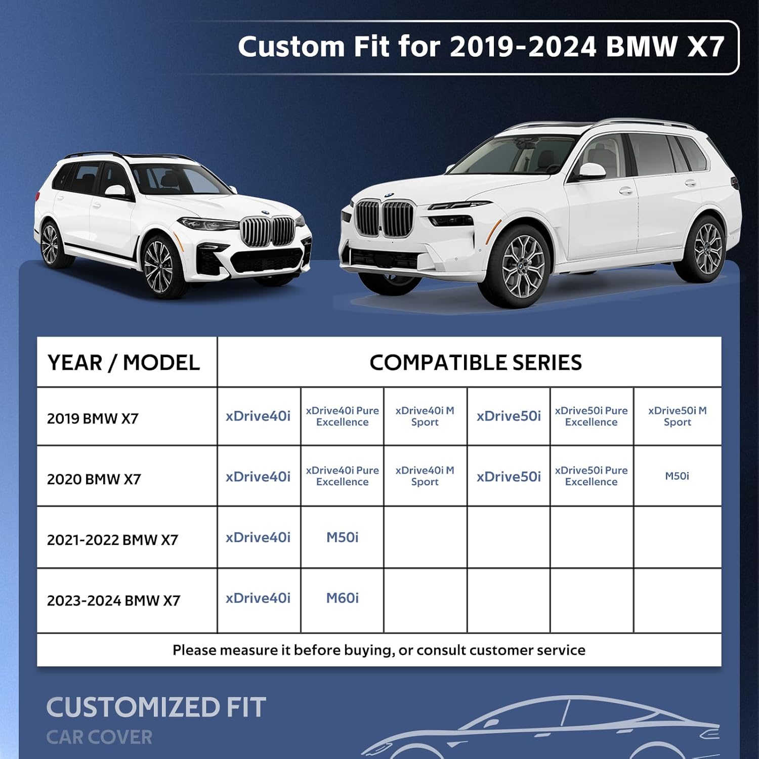 10 Layers SUV Car Cover Custom Fit for BMW X7 (2018-2024) Waterproof All Weather for Automobiles, Outdoor Full Cover Sun UV Rain Protection with Cotton.Black