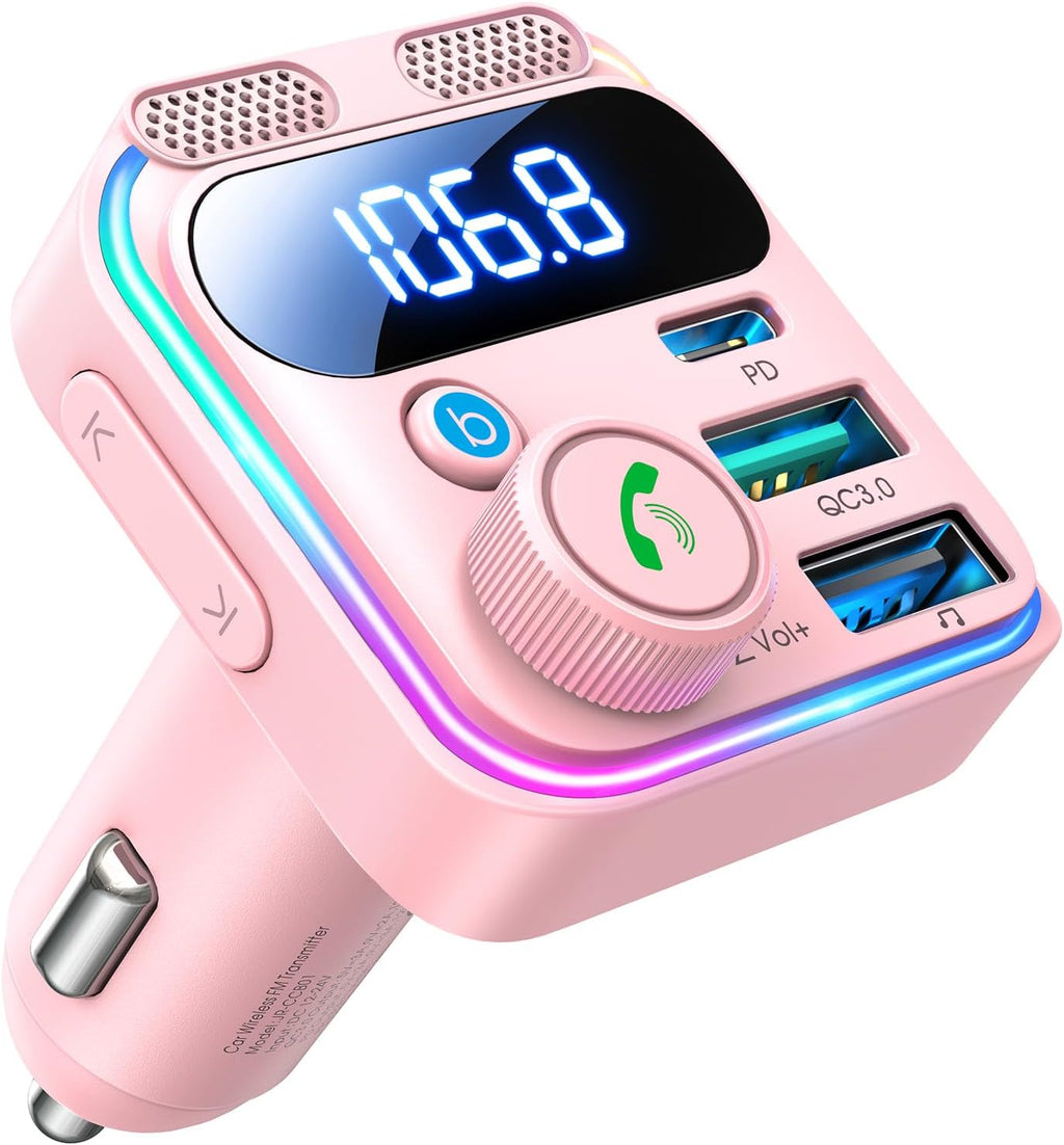 Bluetooth 5.4 Car Adapter FM Transmitter [Stronger Dual Mics & HiFi Deep Bass Sound] 81W PD & QC 3.0 USB C Car Charger Cigarette Lighter Adapter Hands-Free Calling Radio Support USB Drive