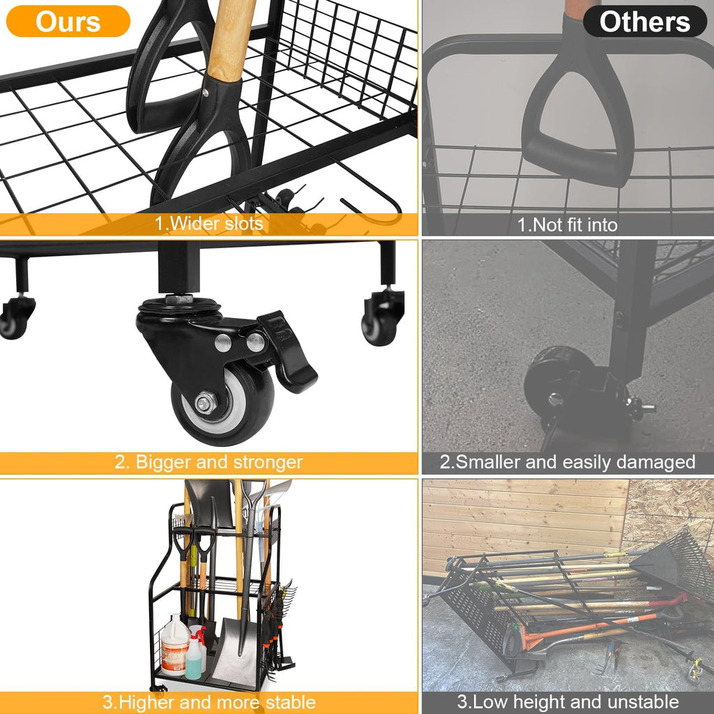 FZK Garden Tool Organizer,Heavy Duty Steel Yard Tool Organizer for Garage,Up to 49 Long-Handled Tools, Garden Tool Storage with Wheels,Garden Tool Organizer for Garage,Black