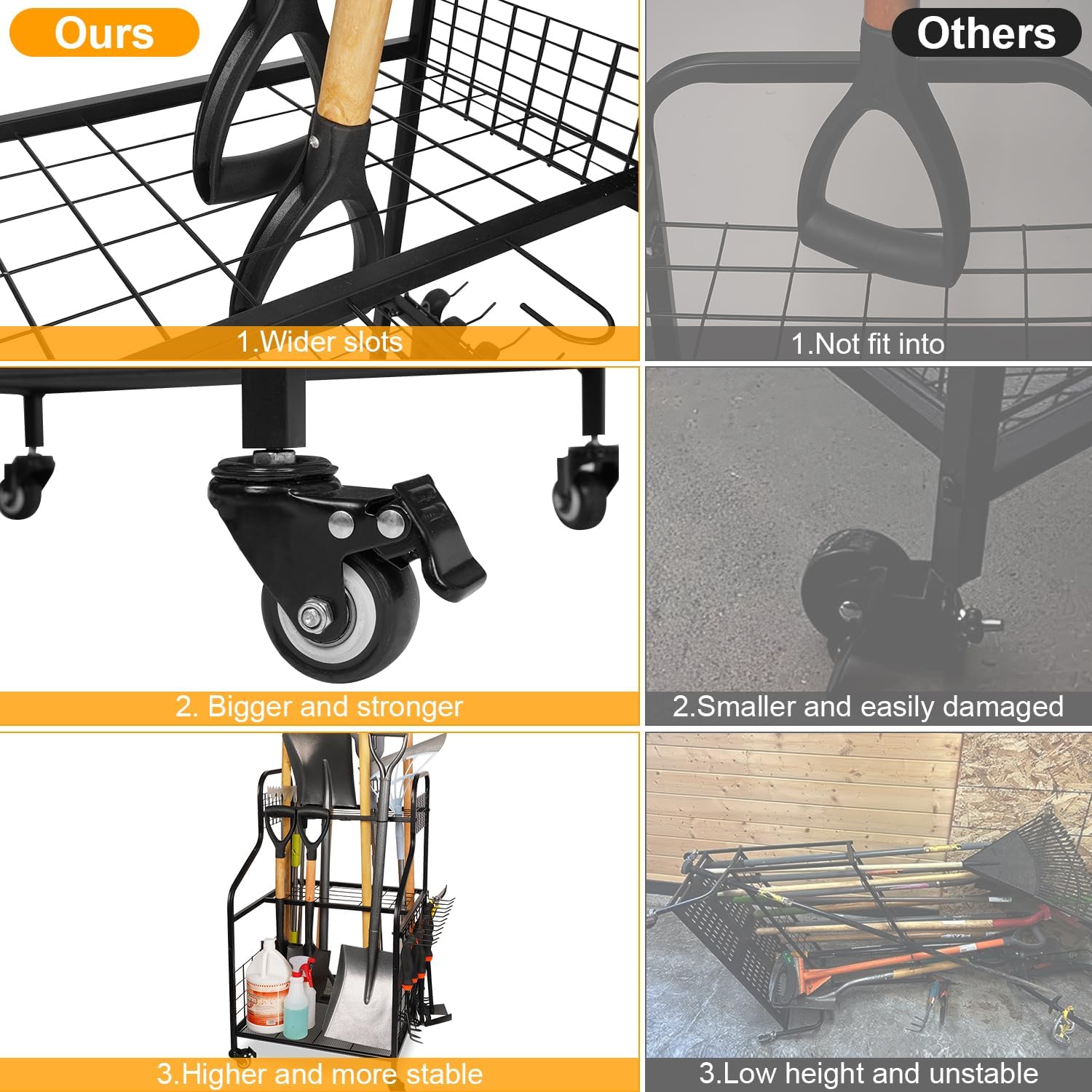 FZK Garden Tool Organizer,Heavy Duty Steel Yard Tool Organizer for Garage,Up to 49 Long-Handled Tools, Garden Tool Storage with Wheels,Garden Tool Organizer for Garage,Black