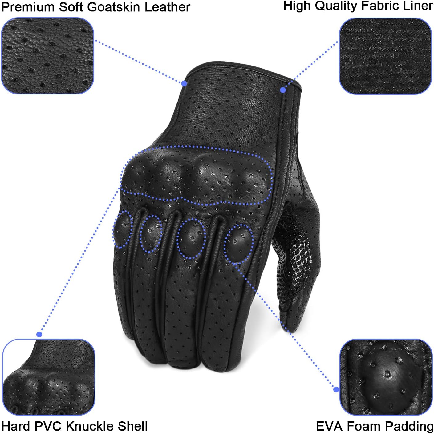 Updated Goatskin Leather Motorcycle Gloves Men Touchscreen Anti-Slip Motorbike Riding Gloves for Men (Updated,Perforated, L)