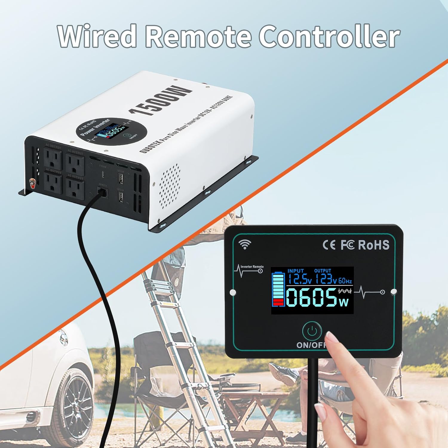 1500W Pure Sine Wave Power Inverter with Peak 3000W,12V to 120V AC Converter, Wireless Remote, 4 AC Outlets, 2 USB Ports and Type-C for RV, Solar Off-Grid
