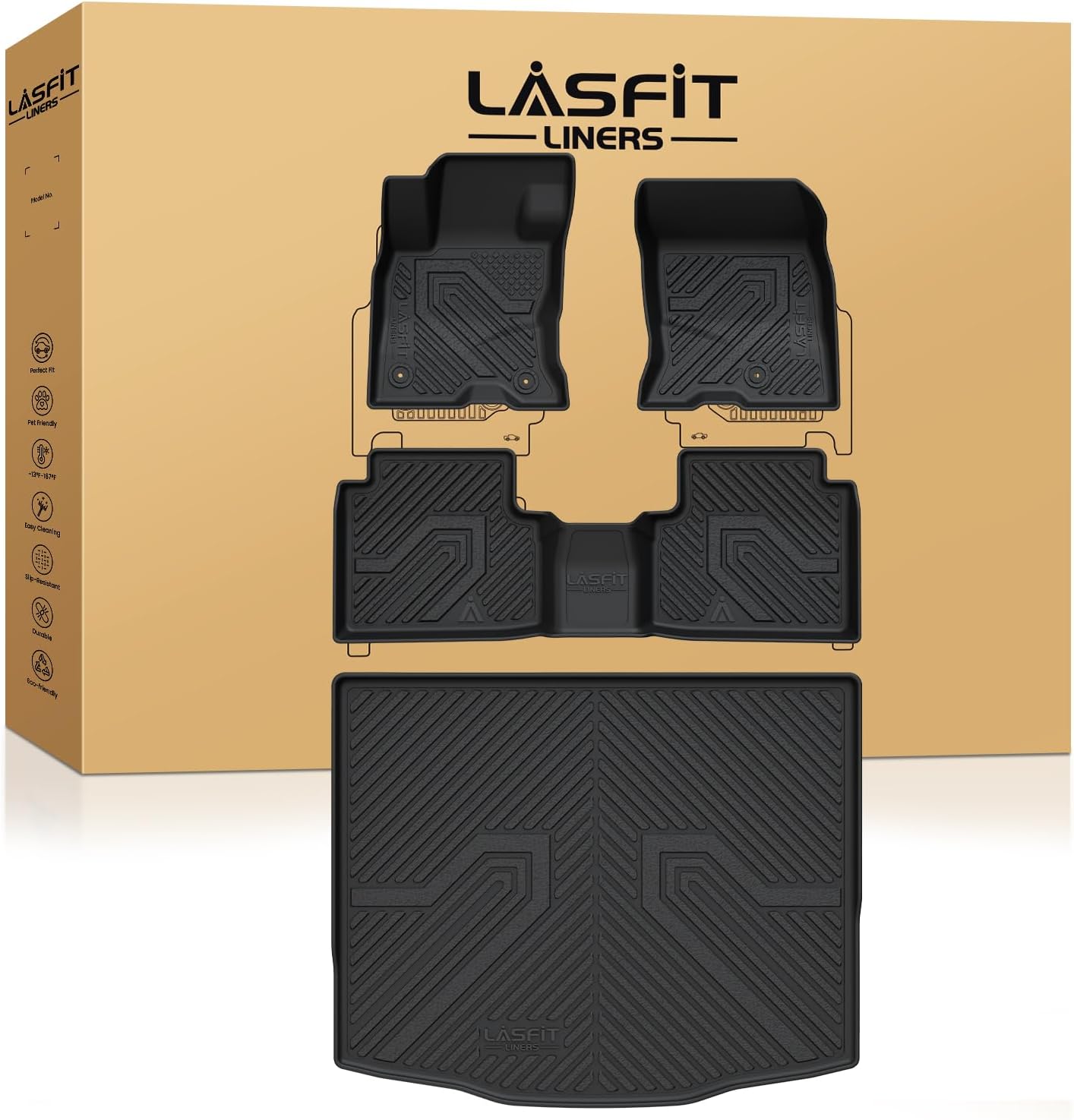 LASFIT Floor Mats and Cargo Liner for Ford Escape Hybrid 2020-2025(NOT for Gasoline Models) All Weather Protector TPE Custom Fit Car Floor Liners, 1st & 2nd Row & Trunk Set, 4PCS Black