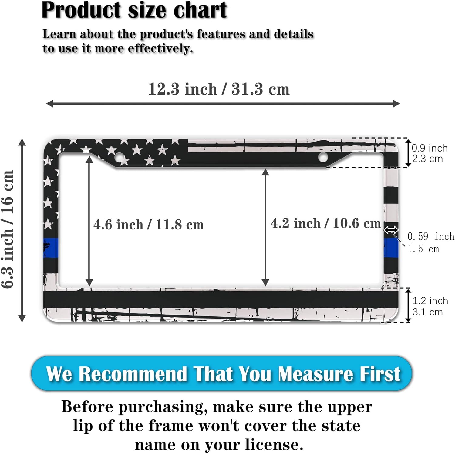 License Plate Frames Black, White, and Blue License Plate Frame American Flag USA Flags Universal Aluminum Car Accessory 2 Pack with Screw Covers Set