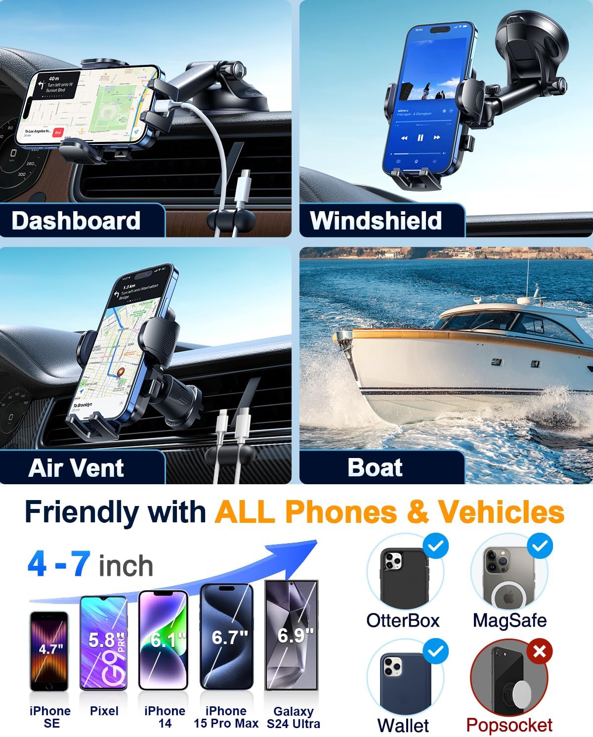 YRU [True Military-Grade 360 Degrees Rotatable Suction] 2025 Ultimate Car Phone Holder Mount 90+LBS Safest Strongest Patent Certs Dashboard Windshield Vent for iPhone 16 15 Pro Max Samsung Light Pink